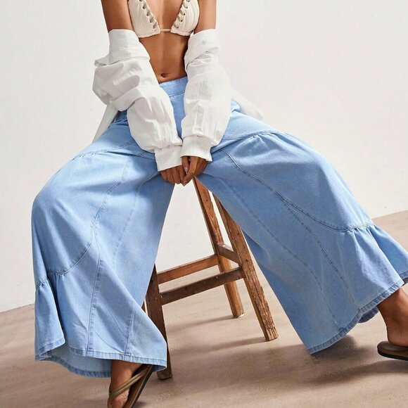 Pants - Boho Blue Casual Women's Vacation Patchwork Design Loose Wide-Leg Denim Jeans